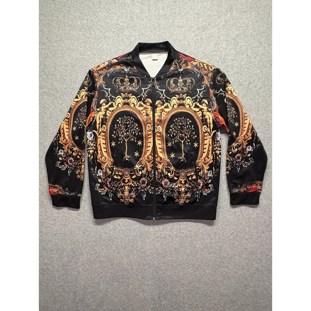 Mens Baroque Cherub Crown Print Bomber Jacket Black Gold Full Zip Track Large